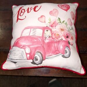 Valentines Day Vintage Pink Truck Heart Balloons Roses Decorative Throw Pillow